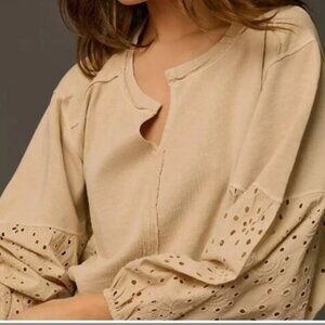 Anthropologie Pilcro Batwing Eyelet Sweatshirt Top Beige Cotton Size S